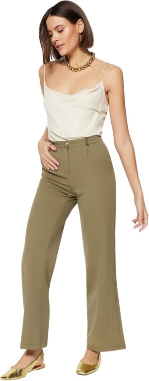 بنطلون طراز Twoaw21Pl0076 للنساء بخصر عال وأرجل واسعة بكسرات من ترينديول، بلون بني (Light Khaki)، عبوة من قطعة واحدة