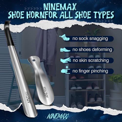 51zxdULqqHL._AC_US NINEMAX Metal Shoe Horn, 42 CM Long Shoehorn 19 CM Short Shoe Spoon, Stainless Steel Shoes Stick Helper Lifter with Hook Handle for Men Women Seniors Kids Pregnancy - الصورة 6