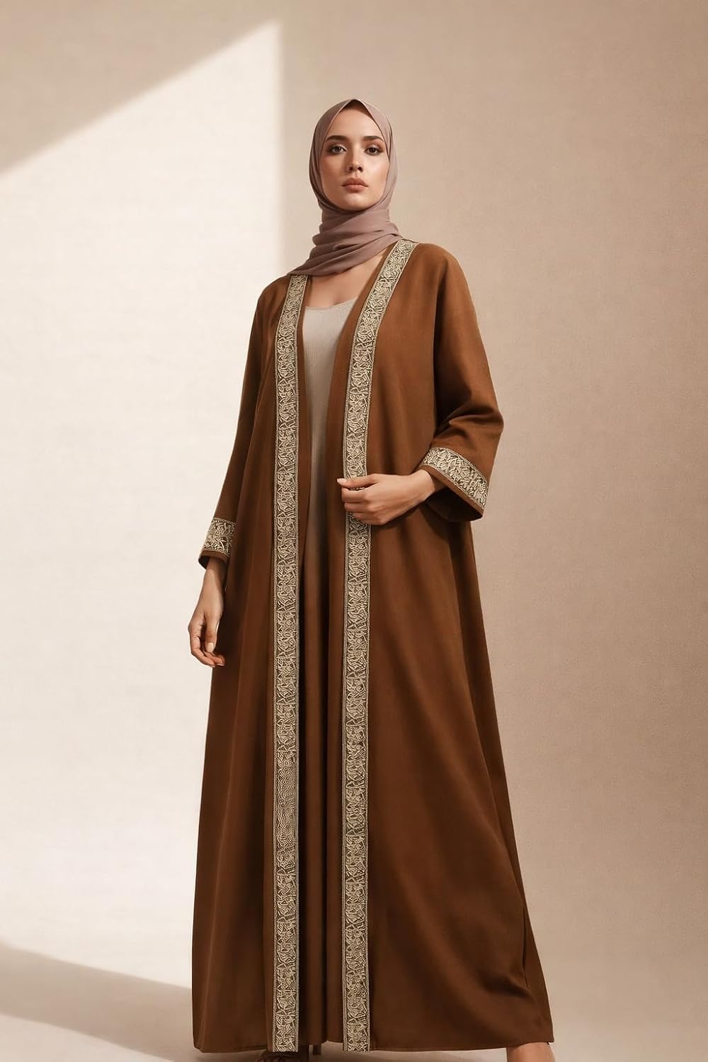 61AgO46364L._AC_SL1500_ عباية نسائية طويلة مفتوحة بتطريز أنيق على الحواف والأكمام، تصميم عصري محتشم، خامة ناعمة وخفيفة، مناسبة للمناسبات والإطلالات اليومية - الصورة 2