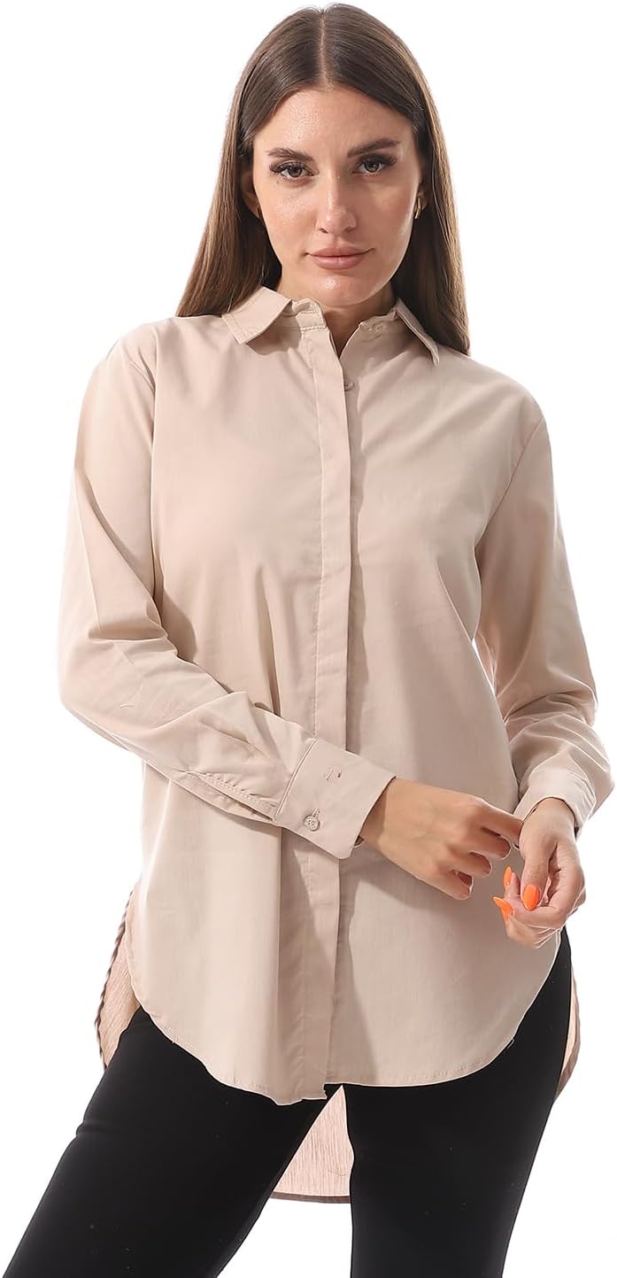 61BIoHfZP9L._AC_SL1500_ قميص أساسي بنمط غربي سادة بأكمام طويلة وأزرار أمامية للنساء من اندورا