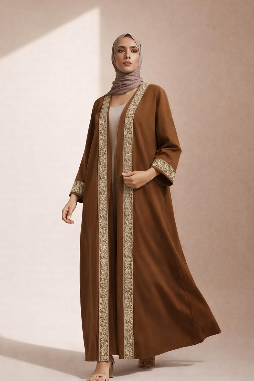 61NEOUyl1jL._AC_SL1500_ عباية نسائية طويلة مفتوحة بتطريز أنيق على الحواف والأكمام، تصميم عصري محتشم، خامة ناعمة وخفيفة، مناسبة للمناسبات والإطلالات اليومية - الصورة 3