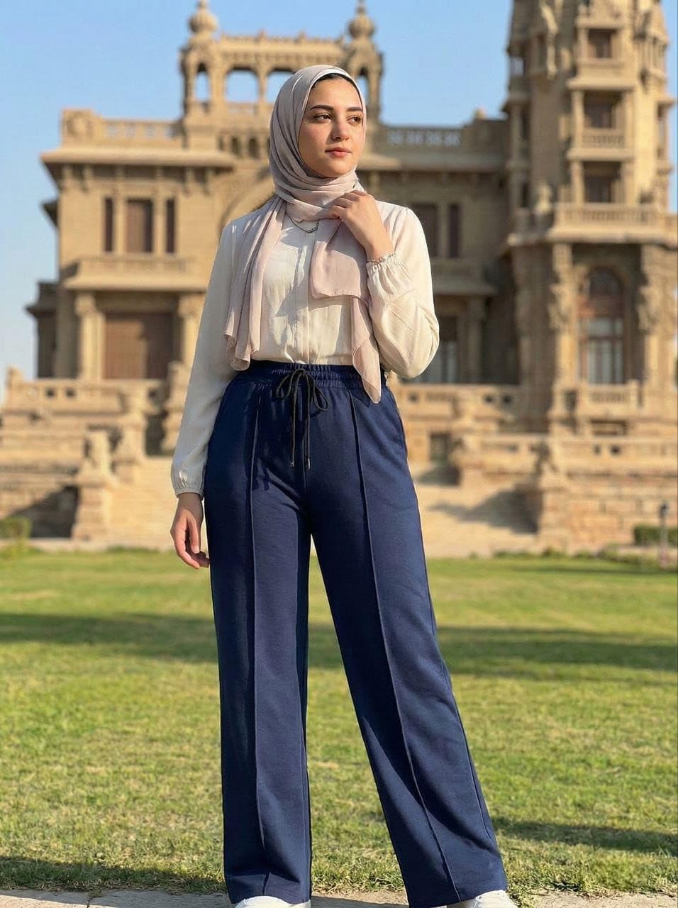 713osUNIrKL._AC_SL1500_ ميزا بنطلون نسائي وايد ليج بخصر وسط عالي، قماش ميلتون مرن، خط أمامي، جيوب جانبية، رباط مطاطي للاستخدام اليومى داخل وخارج المنزل - الصورة 2