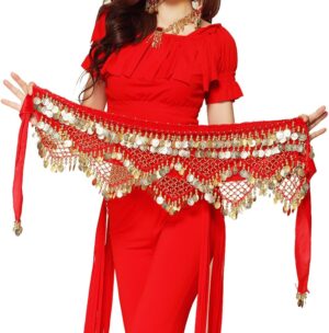ووشيل وشاح الورك الجميل للرقص الشرقي للنساء مع تنانير عملات ذهبية وحزام ملتف (عملات معدنية سوداء وفضية)، مقاس واحد