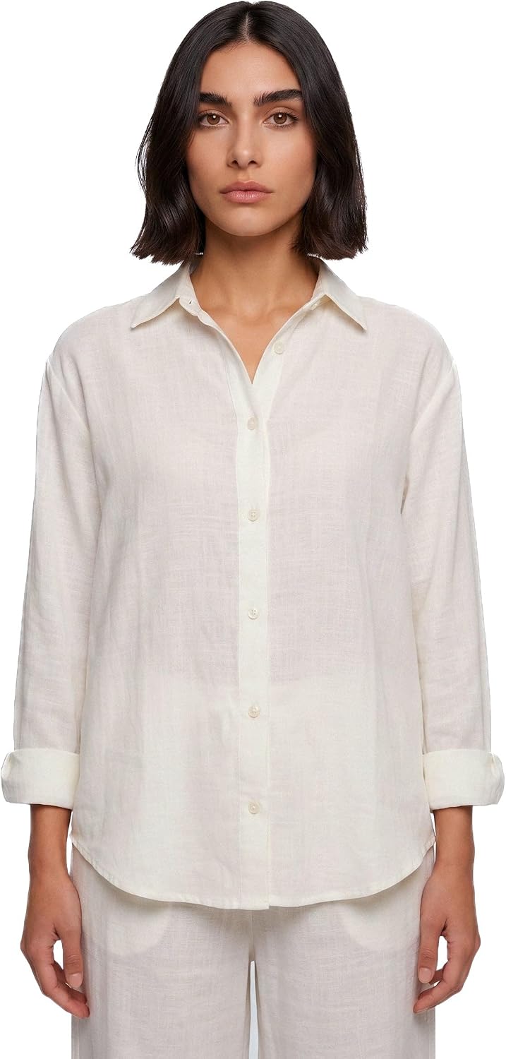 71uG-L1zIKL._AC_SL1500_ قميص حريمي كتان كبير الحجم بأزرار بطول القميص جيد التهوية كاجوال من كنترول - الصورة 3