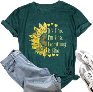 تي شيرت كاجوال باكمام قصيرة ورقبة دائرية ضيقة مطبوع عليه عبارة Its Fine Im Fine Everything is Fine