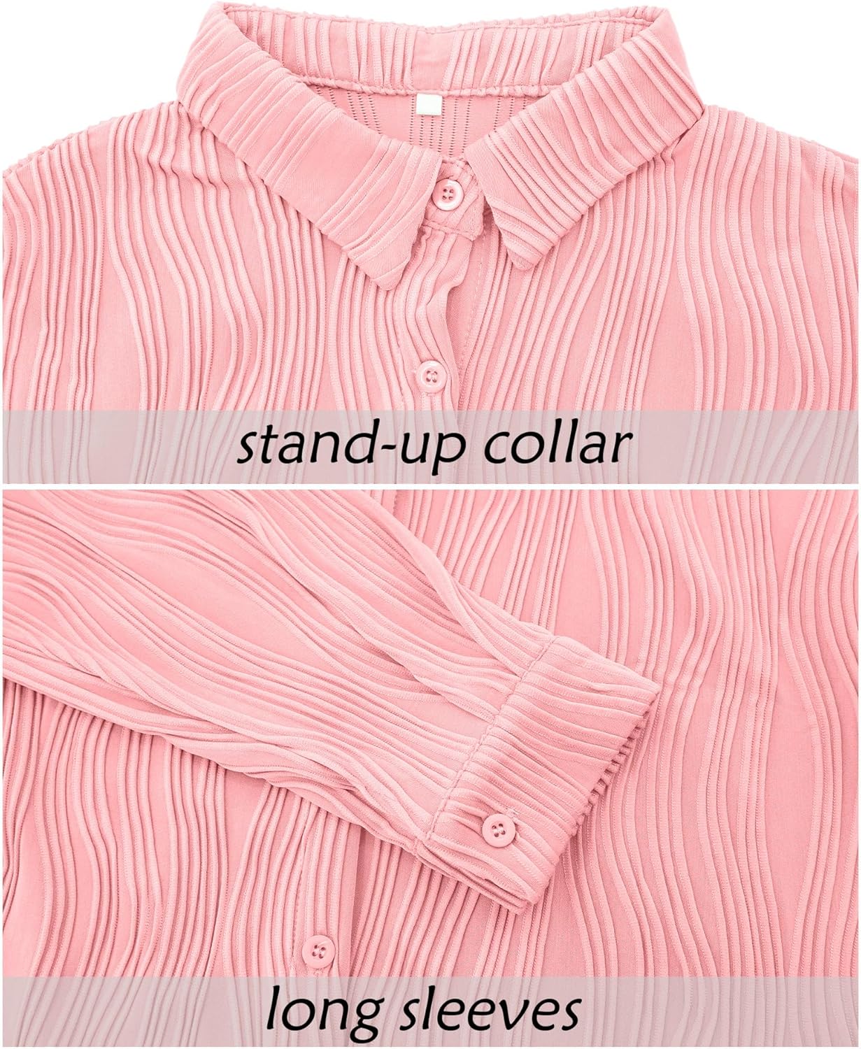 91uo0tcHm-L._AC_SL1500_ سيور قميص نسائي من الكتان برقبة على شكل حرف V وازرار سفلية بنمط مموج منسوج بيسيك رسمي كاجوال سادة بلايز طويلة الاكمام قابلة للتمدد، لون بينك، مقاس L - الصورة 4