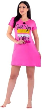 فستان قصير للنساء، لون وردي فوشيا، بطبعة Just Yes Vogue، أكمام قصيرة، مناسب للاستخدام اليومي