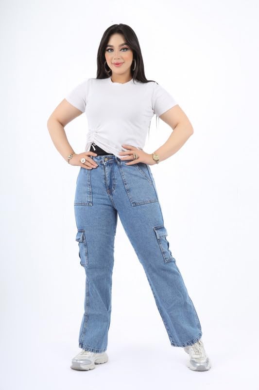 41-J5hYnriL._AC_SL1500_ Women's medum blue cargo jeans - الصورة 2