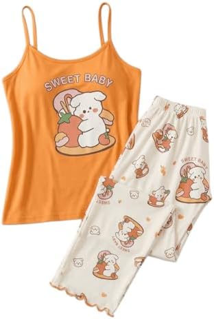 41Nw7qjjZNL._AC_SL1500_ بيجامة نسائية قطعتين، كروب توب برتقالي مع بنطلون مطبوع، تصميم Sweet Baby الصيفي - الصورة 4