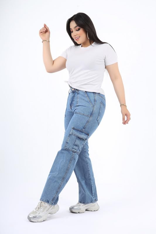 41X-1xQ6AwL._AC_SL1500_ Women's medum blue cargo jeans - الصورة 3