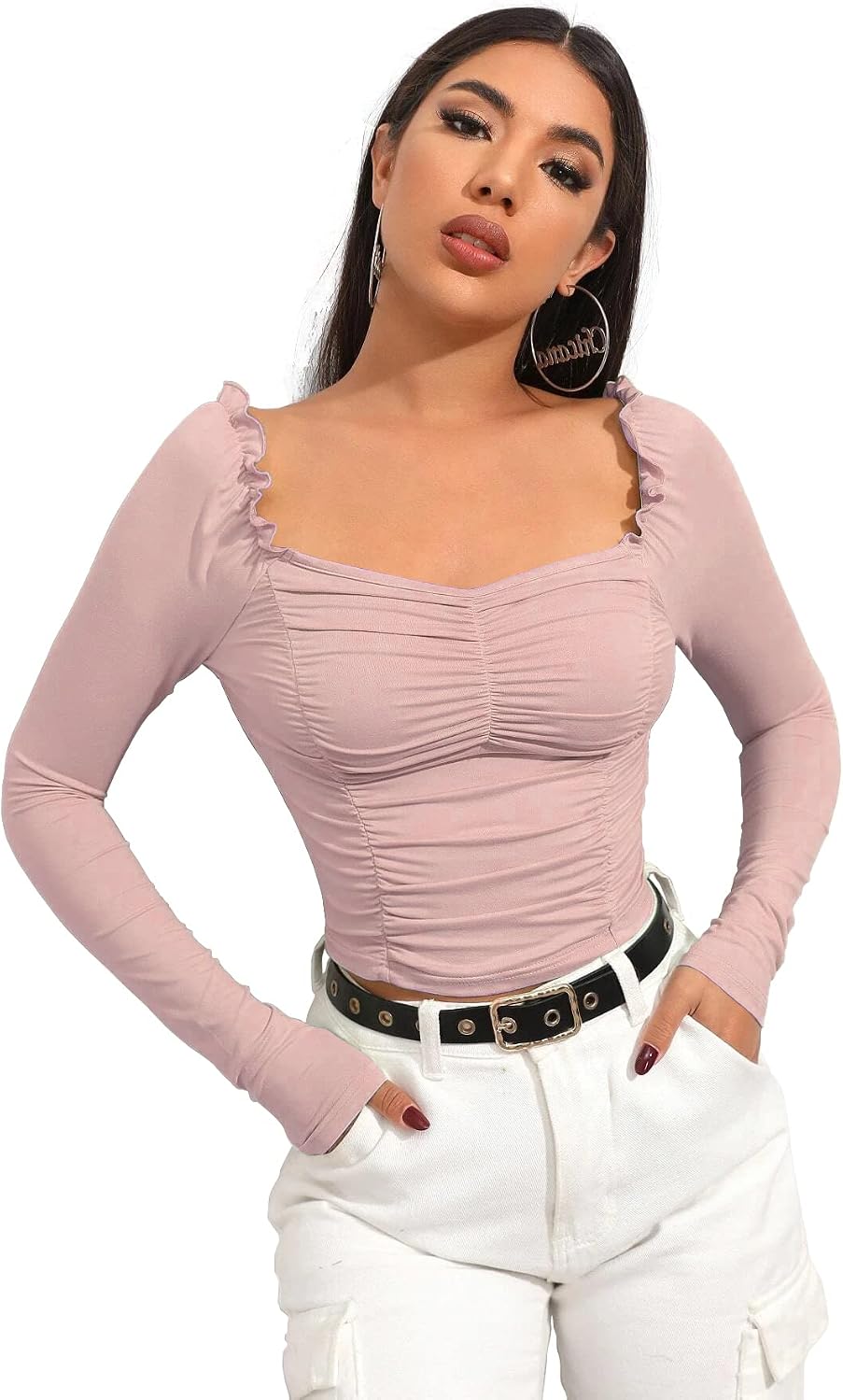 41XoF-81yAL._AC_SL1500_ بلوزة قصيرة بكشكشة وأكمام طويلة وقبة على شكل قلب للنساء والبنات من شاسمي، بلوزة قصيرة مكشكشة للنساء والبنات، أسود - الصورة 4