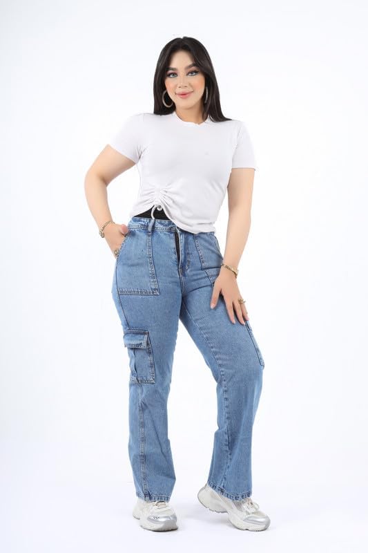 41aLhgYek7L._AC_SL1500_ Women's medum blue cargo jeans - الصورة 4