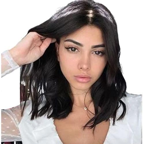 باروكة شعر نسائية قصيرة، شعر مستعار أسود متموج، طول متوسط للكتف
