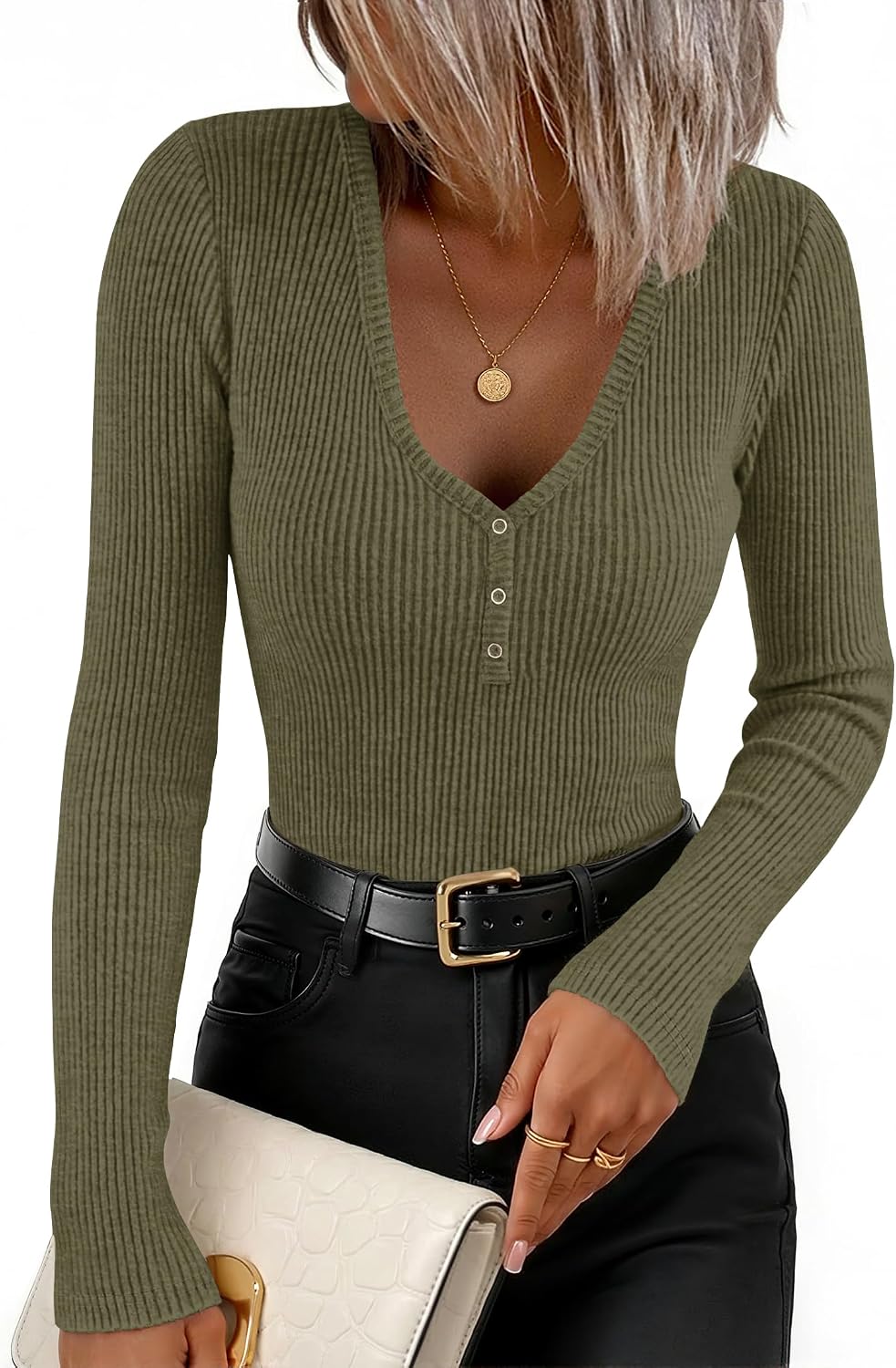 41i1p1H8bHL._AC_SL1500_ ZESICA Henley Business Casual Tops for Women 2026 Fall Long Sleeve Shirts | Ribbed Knit Shirts, V-Neck Button T-Shirts, Slim Fit Ruched Waist Tshirts, Office Work Outfits, Autumn Winter Basics Clothes - الصورة 4