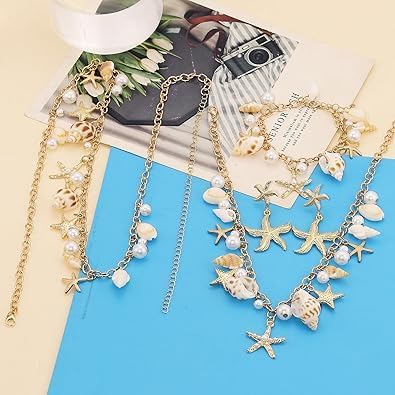 41yzY6ojZdL._AC_SL1500_ مجموعة مجوهرات صدف حورية البحر للنساء، اكسسوارات شاطئ صيفية بوهو مع قلادة صدف طبيعي وسلسلة خصر وسوار واقراط - مجموعة سلسلة للجسم من اللؤلؤ للعطلات والمهرجانات وزي حورية البحر - الصورة 4