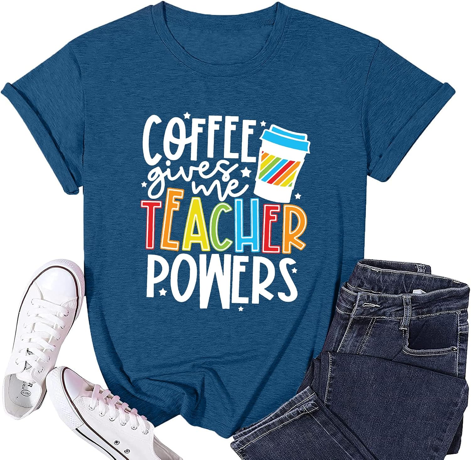 51-jpWYLCNL._AC_SL1500_ تيشرتات المعلمين للنساء، تي شيرت مطبوع عليه عبارة «Coffee Give Me Teacher Powers» - الصورة 4