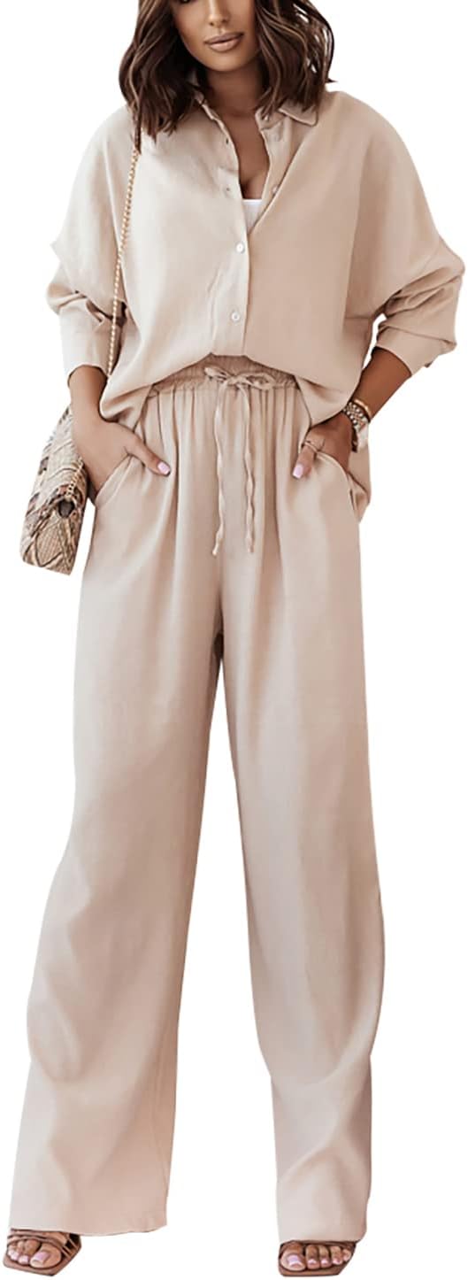 بدلة رياضية كاجوال للنساء مكونة من قطعتين ومصنوعة من القطن مع الكتان، قميص أنيق مع سراويل بقصة واسعة عند الساق وكشكشة عند الخصر من يان فوم