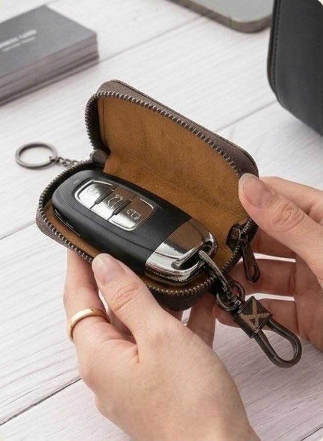 Stylish Leather Key Holder with Zipper – Secure Car and Home Key Organizer, Elegant Leather Keychain Wallet, Portable Key Case for Men and Women, Luxury Bag Accessory, Colorful Key Pouch for Daily U