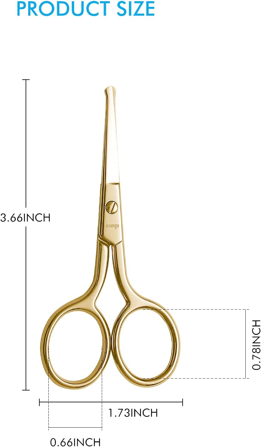 5127d-J8roL._AC_SL1500_ مقص احترافي لشعر الانف، شفرة مستقيمة بطرف دائري متعدد الاغراض من الستانلس ستيل، شعر الوجه واللحية والحواجب والاذن، اداة تجميل للرجال والنساء، 3.5 انش، ذهبي - الصورة 2