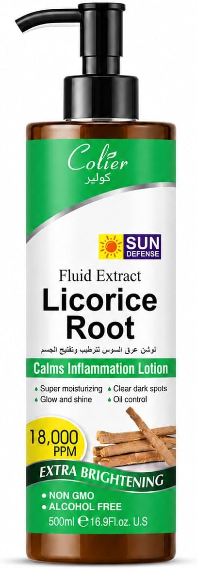 لوشن الجسم بخلاصة جذور عرق السوس تركيز 18000 جزء لكل مليون لتفتيح وترطيب عميق وتهدئة البشرة وتقليل البقع الداكنة والتحكم في إفراز الدهون لعناية بالجسم خالية من الكحول للنساء والرجال من كولير، 500 مل