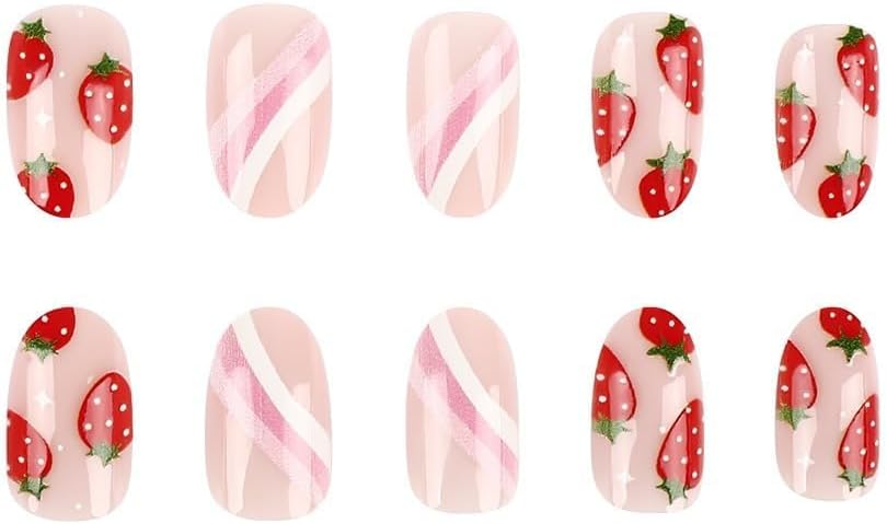 519tK3psW-L._AC_SL1500_ Tazweeq 24 Pcs Fruits Press on Nails, Short Almond Fake Nails with Strawberry Design, Glossy Pink White Lines Glue on Nails, Reusable Full Cover Acrylic Nail for Women Girls(Pink) - الصورة 4