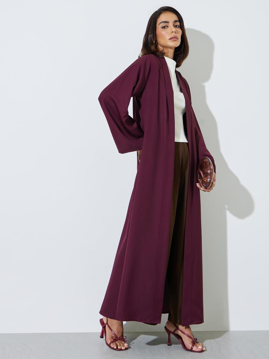 51A1BJMceVL._AC_SL1500_ Amirah Burgundy Solid Front Open Abaya,Burgundy,S - الصورة 2
