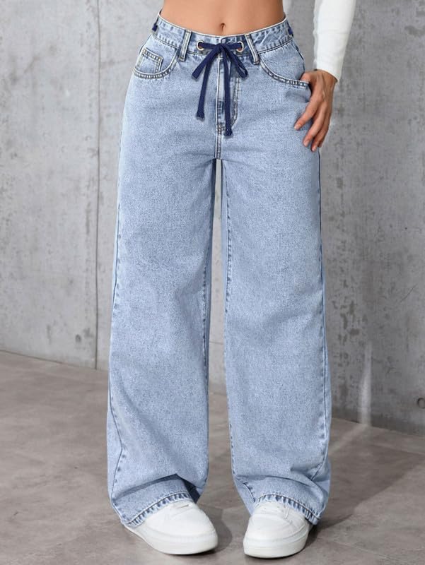 سروال جينز بخصر مرتفع واسع من أسفل الساق للنساء، سروال جينز بأرجل واسعة بلون باهت، سروال جينز بقصة مريحة للارتداء اليومي الكاجوال