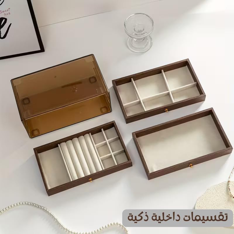 51FQEEx-PAL._AC_SL1500_ منظم مجوهرات فاخر 3 طبقات بتصميم خشبي وغطاء شفاف، من Next Store صندوق تخزين إكسسوارات بلمسات ذهبية وبطانة مخملية، خزانة مجوهرات أنيقة للخواتم والأساور والقلائد - الصورة 4