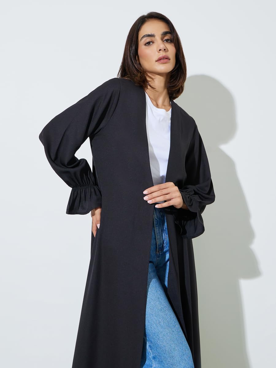 51FUPIlONGL._AC_SL1500_ Amirah Black Solid Frill Sleeves Front Open Abaya,Black,XS - الصورة 3