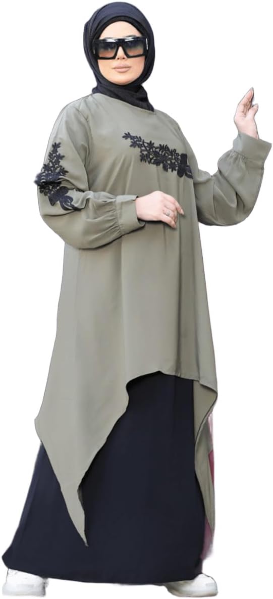 51KdceSti8L._AC_SL1500_ ادناء أسلامي 2 قطعة ( بلوزة مطرزة بورد وجيبة ) كريب رويال موديل 9057 مقاس موحد يلبس حتى 150 ك للنساء من GAMAL SONS FOR ABAYA - الصورة 4