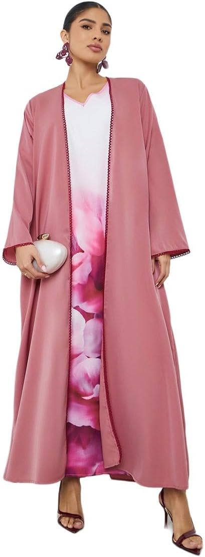 Amirah Red Front Open Abaya with Lace Trim,Red,54