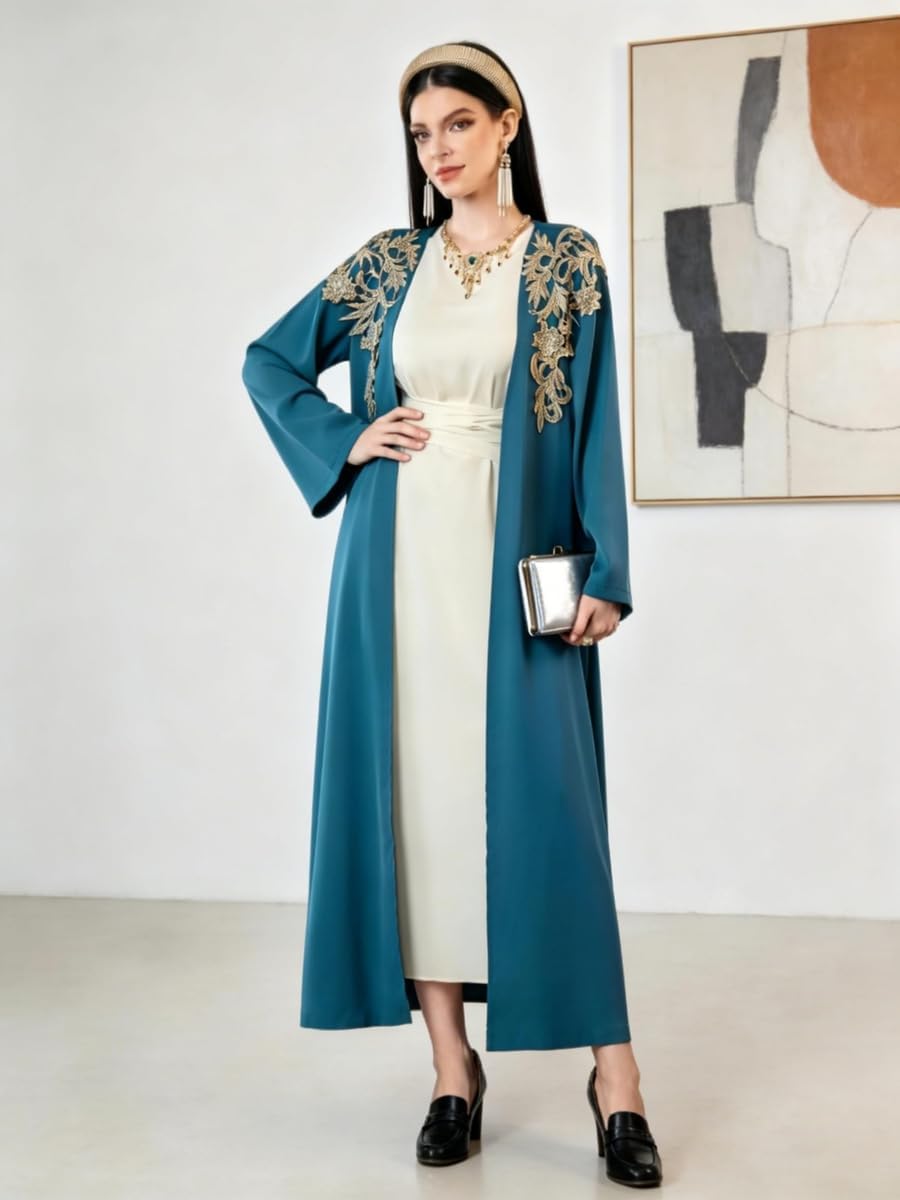 51O-JapNwEL._AC_SL1500_ تيك تو طقم عباية مزينة بلون ازرق وجلابية بحزام - مقاس XL - ازرق - الصورة 2