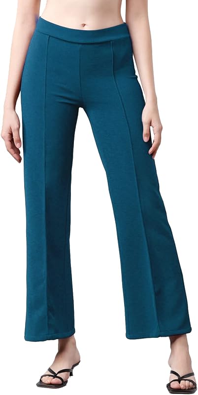 Mehrang Cotton Blend Bootcut Parallel Trouser Pants for Women Regular Fit, Bellbottom Straight Pants for Womens, TURQUOISE BLUE, 36