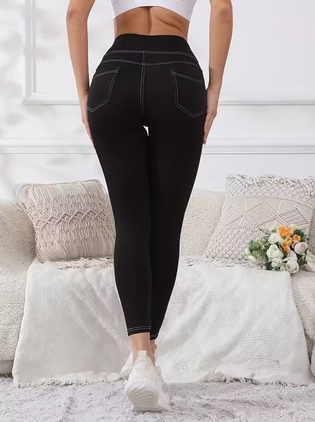 51OoaW3XeJL._AC_SL1500_ ليجنز رياضي نسائي شبيه للجينز , مبطن بالفرو, قطن مطاطي, أسود وكحلي, بنطلون للبنات والنساء من 50-90 كجم من ميزا , مناسب للرياضة والمنزل - الصورة 3