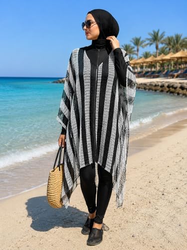51PQvdBzaoL._AC_SL1500_ قفطان للشاطئ من الدانتيل للنساء، مخطط باللونين الاسود والابيض، ملابس سباحة محتشمة، نمط جناح الخفاش - الصورة 4