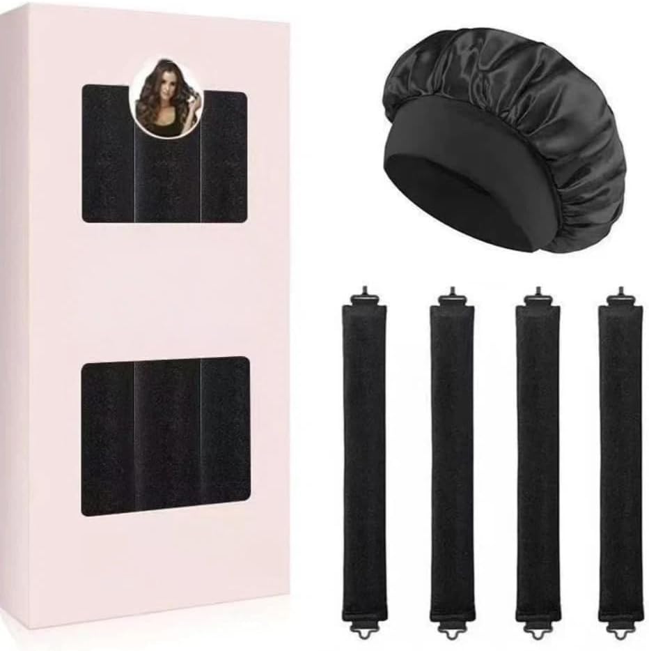 Satin Heatless Hair Curler Set with Black Satin Sleeping Bonnet Curly Hair | No Heat Damage Lazy Hair Rollers Kit Soft Big Bonnet for Men & Women Anti Frizz Sleep Hair Bonnet for All Night Natural Waves