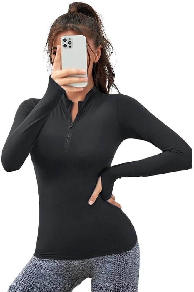 51THq649vkL._AC_SL1500_ بلوزة رياضية وتيشرت بأكمام طويلة ونصف سوستة وفتحة للإبهام للنساء - الصورة 2