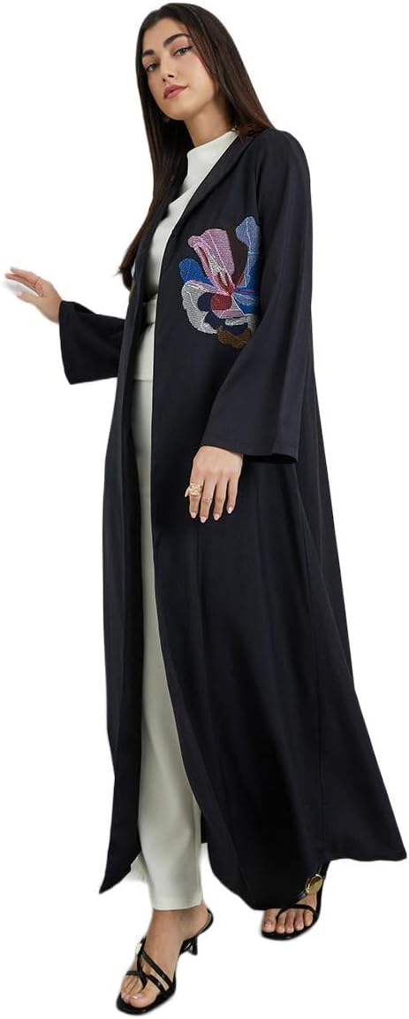 Amirah Women Black Floral Embroidered Abaya,Black,S