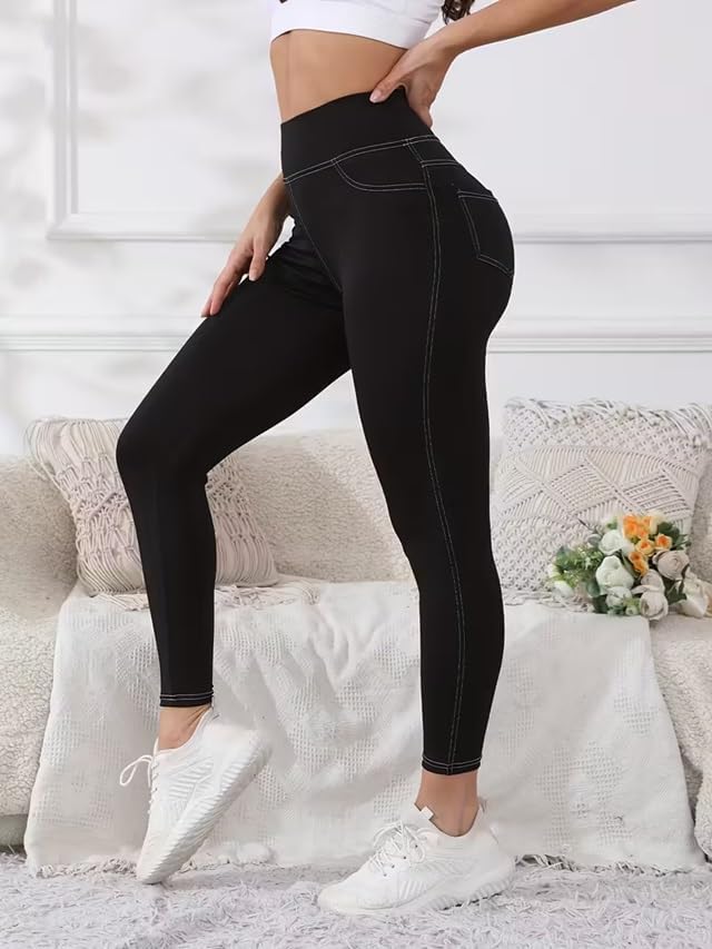 51a6ER7xeXL._AC_SL1500_ ليجنز رياضي نسائي شبيه للجينز , مبطن بالفرو, قطن مطاطي, أسود وكحلي, بنطلون للبنات والنساء من 50-90 كجم من ميزا , مناسب للرياضة والمنزل - الصورة 4