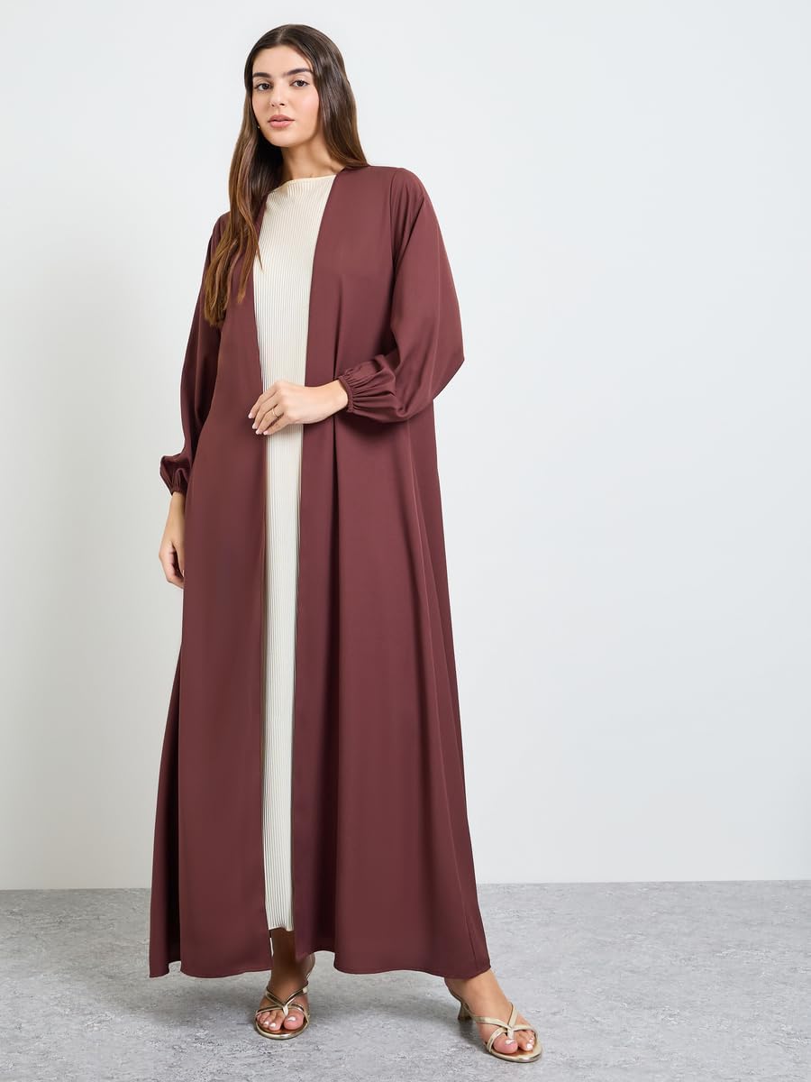 51b4WPwheCL._AC_SL1500_ عباية سادة باكمام طويلة باساور بلون بني من اميرة - مقاس XS - الصورة 2