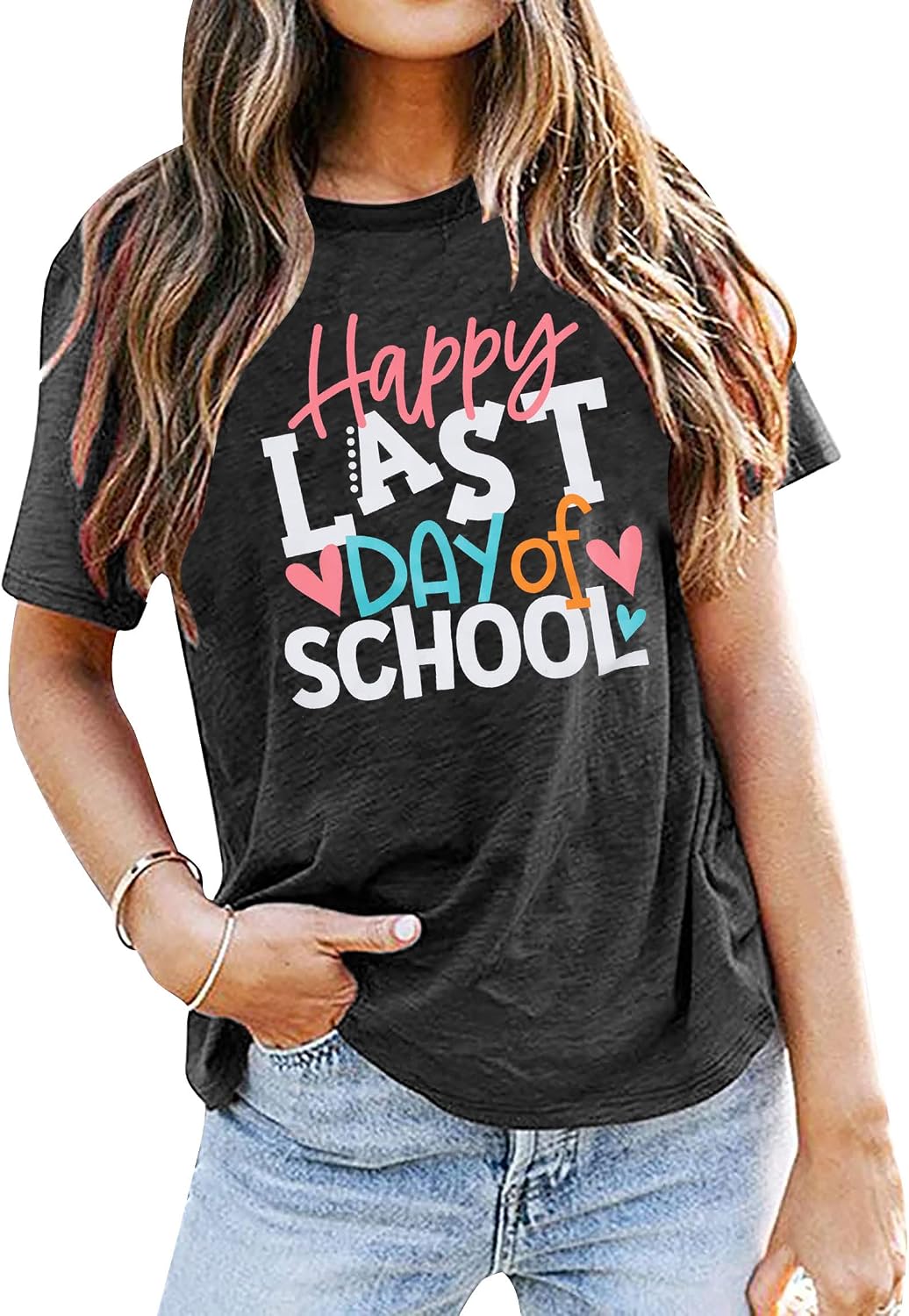 51eDjN8wx-L._AC_SL1500_ تي شيرت مطبوع عليه Last Day of School Teacher للنساء، تي شيرت صيفي للمعلم والطالب، تيشيرتات يوم التخرج، بلايز كاجوال - الصورة 4