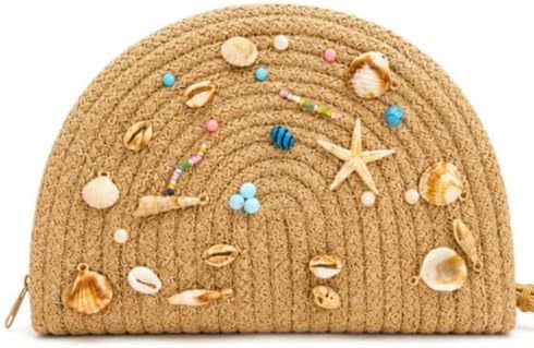 51fqxHL89xL._AC_SL1500_ Handmade Crochet Straw Clutch Bag for Women – Boho Beach Wristlet Purse with Seashell & Beaded Decoration – Summer Woven Handbag - الصورة 2