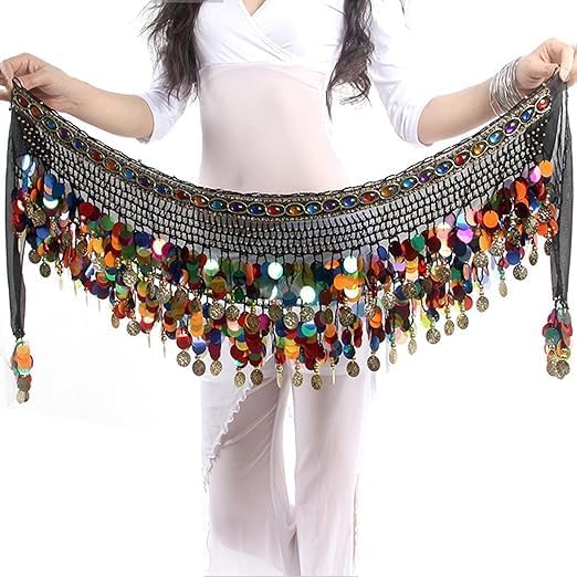 وشاح ورك للرقص الشرقي، وشاح الورك للرقص الشرقي، تنورة اداء مزينة بالترتر والعملات المعدنية، زي الراقص الشرقي للعروض والفصول الدراسية والحفلات الاحتفالية (قطعة واحدة، ملونة)