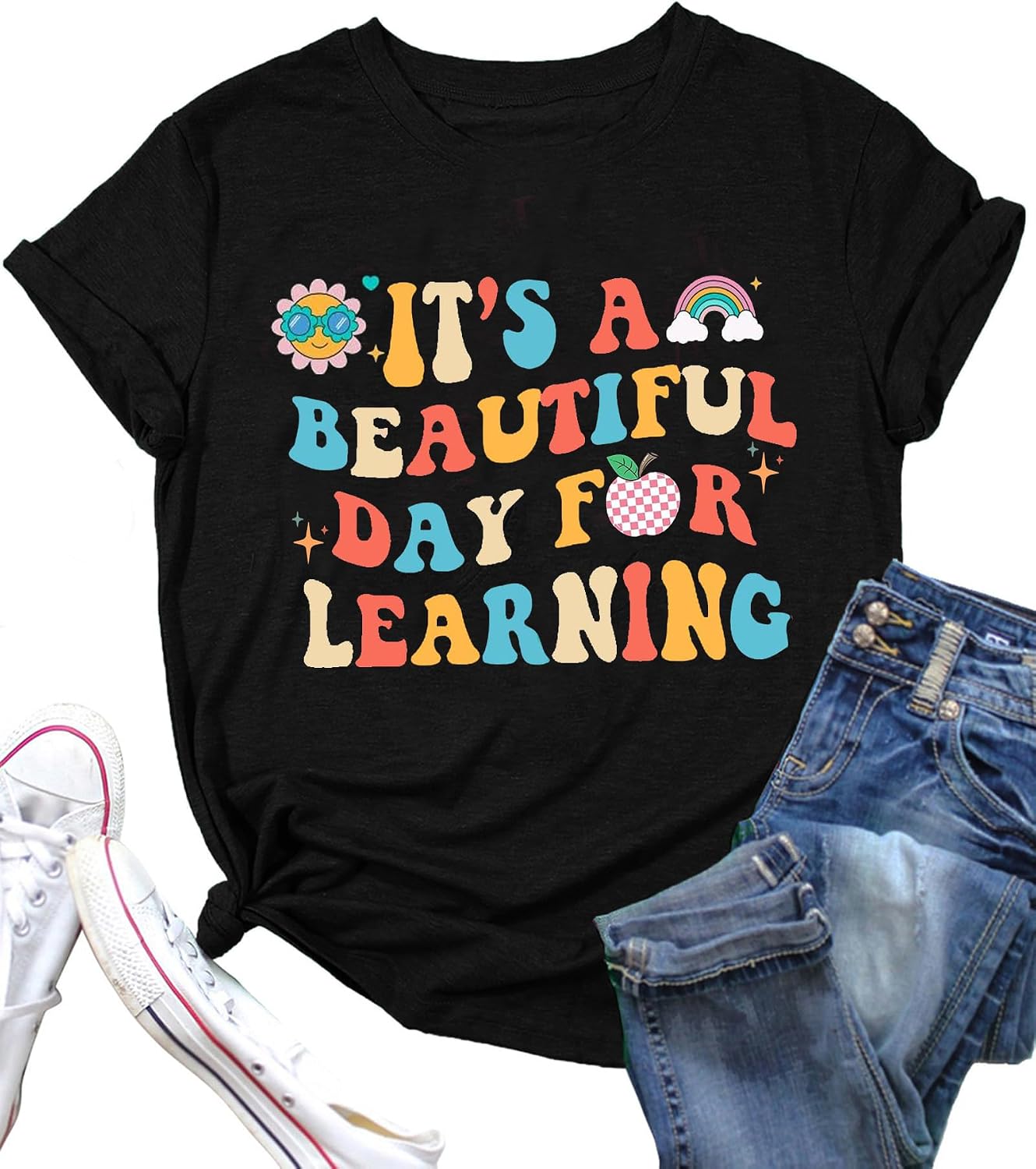 51l-C5UWP4L._AC_SL1500_ تي شيرت نسائي للمعلمين مطبوع عليه عبارة «It's a Beautiful Day for Learning» تيشيرت كاجوال هدية تقدير للمعلمين - الصورة 4