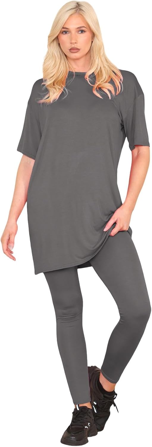 janisramone® Co Ord Sets for Women, Oversized Baggy Longline T Shirt Top with Leggings - Ideal Summer Tracksuit, Gym Set, Lounge Wear Sets for Women UK