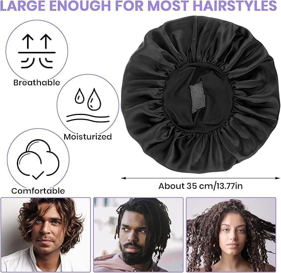 51lYPnGNhvL._AC_SL1500_ Satin Heatless Hair Curler Set with Black Satin Sleeping Bonnet Curly Hair | No Heat Damage Lazy Hair Rollers Kit Soft Big Bonnet for Men & Women Anti Frizz Sleep Hair Bonnet for All Night Natural Waves - الصورة 2