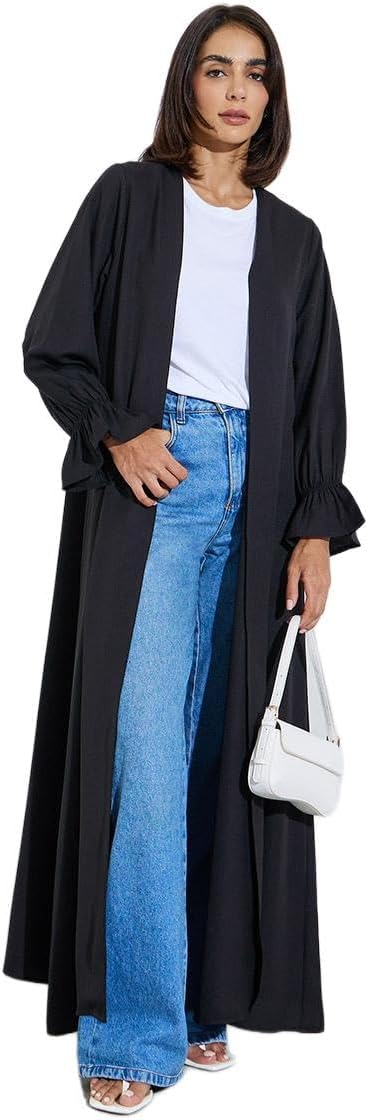 Amirah Black Solid Frill Sleeves Front Open Abaya,Black,XS