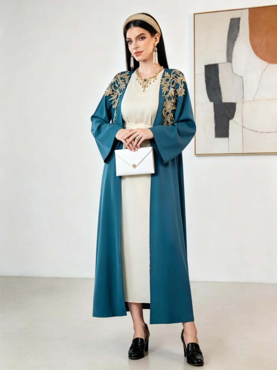51nRLVv-weL._AC_SL1500_ تيك تو طقم عباية مزينة بلون ازرق وجلابية بحزام - مقاس XL - ازرق - الصورة 3