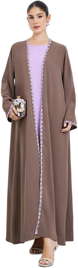 Amirah Brown Front Open Abaya with Floral Trim,Brown,54