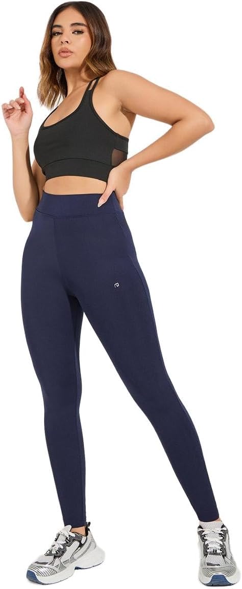 سروال لجينجز ضيق بيسيك بحزام خصر عريض ومزين بشعار، ملابس رياضية للنساء من ستايلي، كحلي، مقاس اكس لارج (XL)
